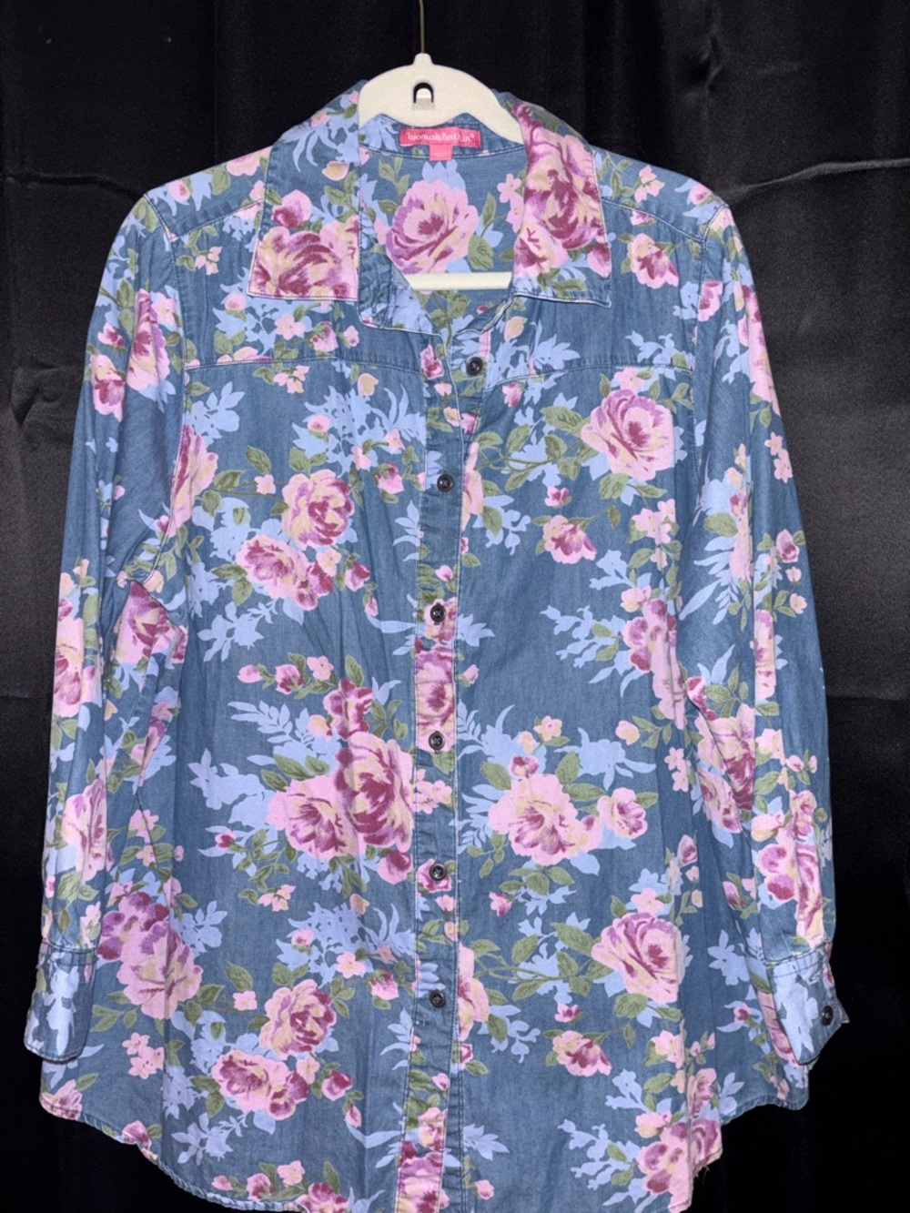 Woman Within Blue Floral Button-Front Shirt with Pink and Lavender Roses